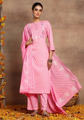 Pink Boota Print Embroidered Cotton Kurta With Pants And Dupatta (Set of 3)