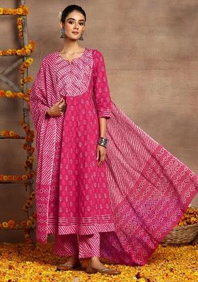 Dark Pink Bandhani Print Cotton Anarkali Kurta With Pants And Dupatta (Set of 3)