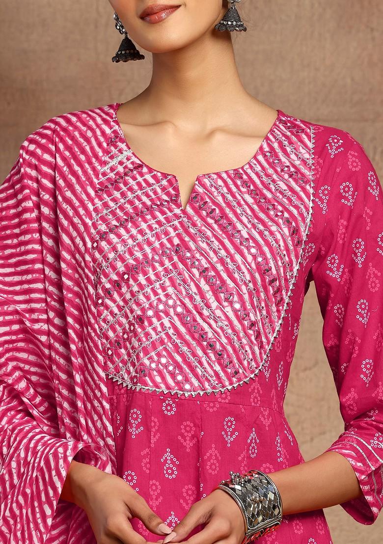 Dark Pink Bandhani Print Cotton Anarkali Kurta With Pants And Dupatta (Set of 3)