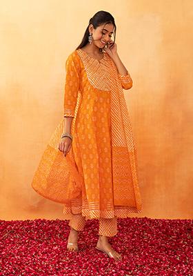 Orange Bandhani Print Zari Embroidered Cotton Kurta With Pants And Dupatta (Set of 3)