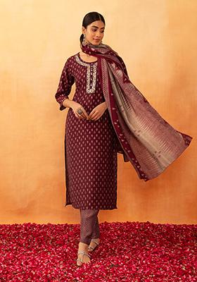 Maroon Boota Print Embroidered Muslin Kurta With Pants And Dupatta (Set of 3)