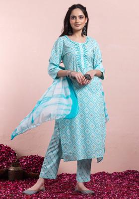 Pastel Green Bandhani Print Cotton Kurta With Pants And Dupatta (Set of 3)