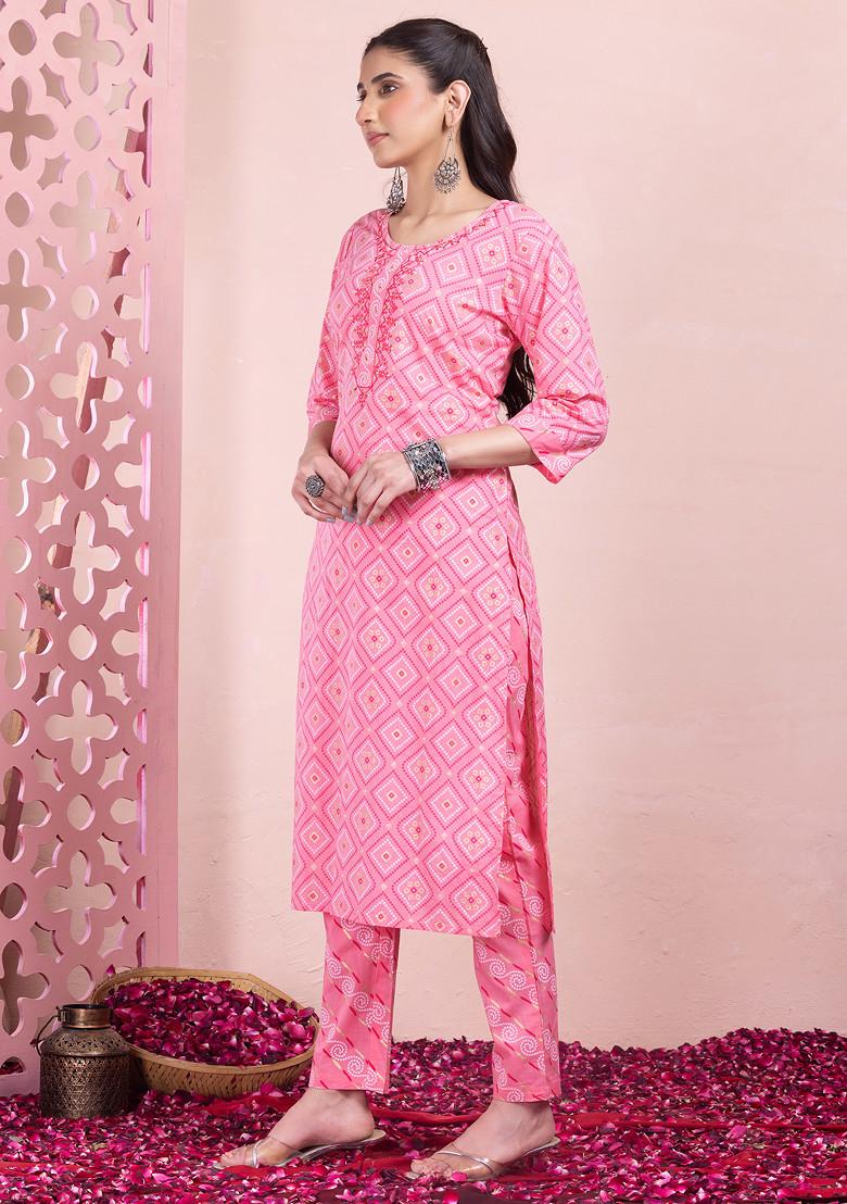 Pink Bandhani Print Cotton Kurta With Pants And Dupatta (Set of 3)