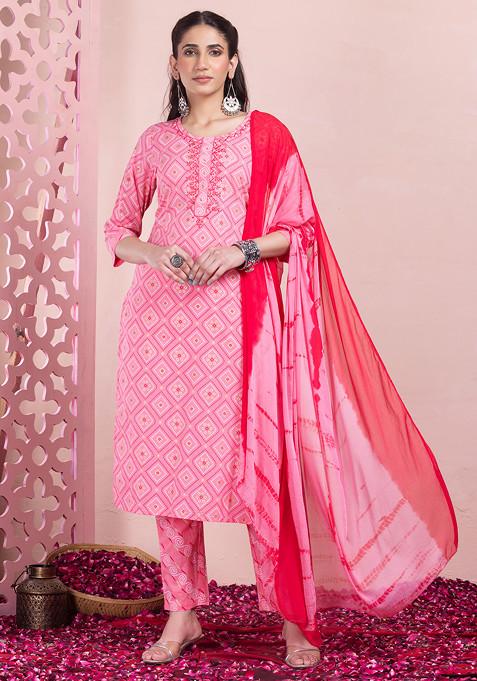 Pink Bandhani Print Cotton Kurta With Pants And Dupatta (Set of 3)
