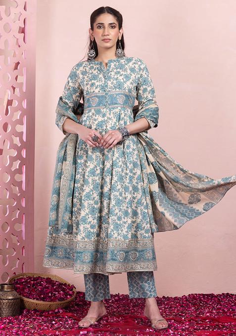 Beige And Teal Floral Print Cotton Kurta With Pants And Dupatta (Set of 3)