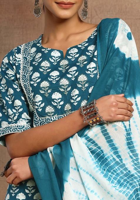 Girls Elephant print Kurta Set - Teal Blue