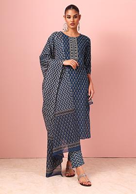 Navy Blue Boota Print Cotton Kurta With Printed Pants And Dupatta (Set of 3)
