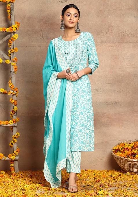 Light Blue Floral Print Embroidered Cotton Kurta With Pants And Dupatta (Set of 3)