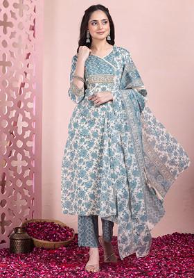 Beige And Blue Floral Print Cotton Kurta With Pants And Dupatta (Set of 3)