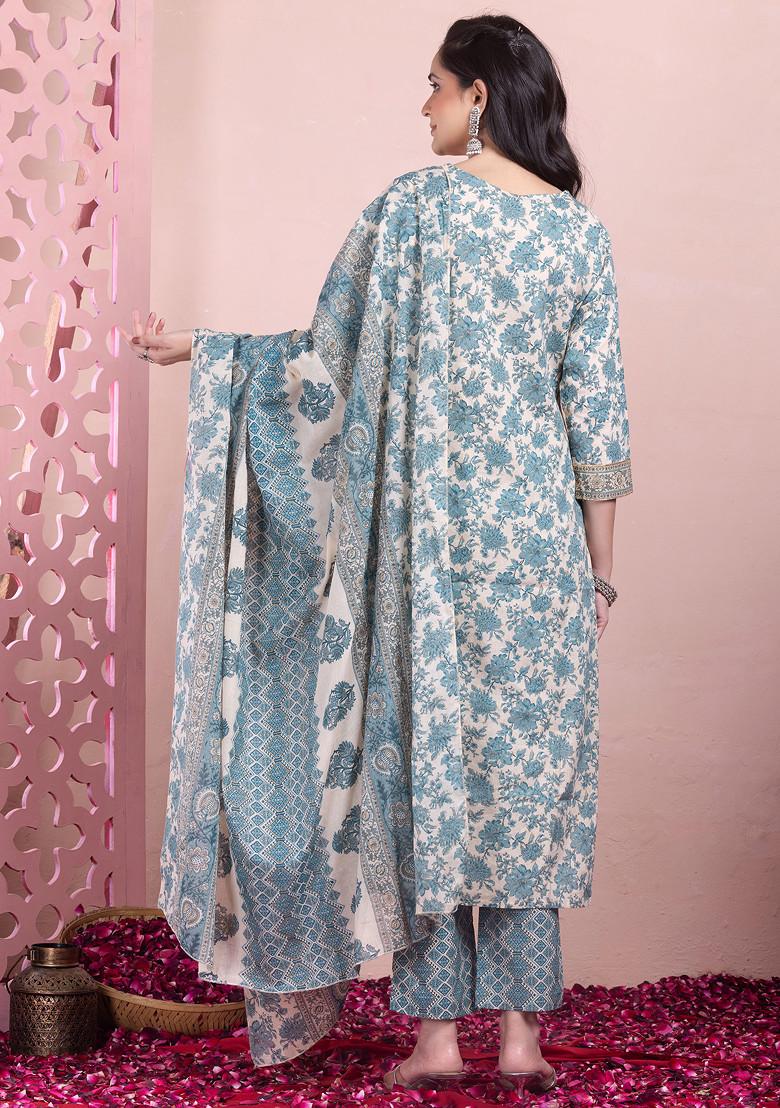 Beige And Blue Floral Print Cotton Kurta With Pants And Dupatta (Set of 3)