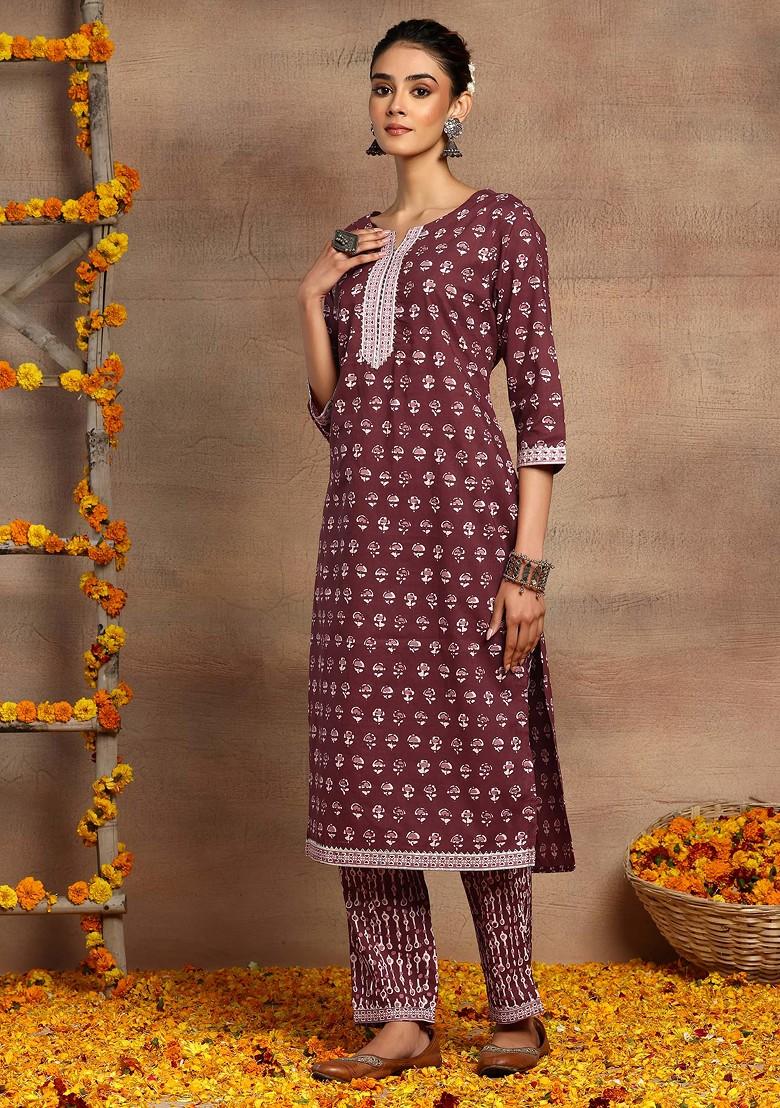 Maroon Batik Print Cotton Kurta With Pants And Dupatta (Set of 3)