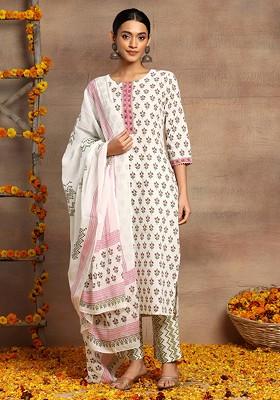 Ivory Leaf Print Cotton Kurta With Pants And Dupatta (Set of 3)
