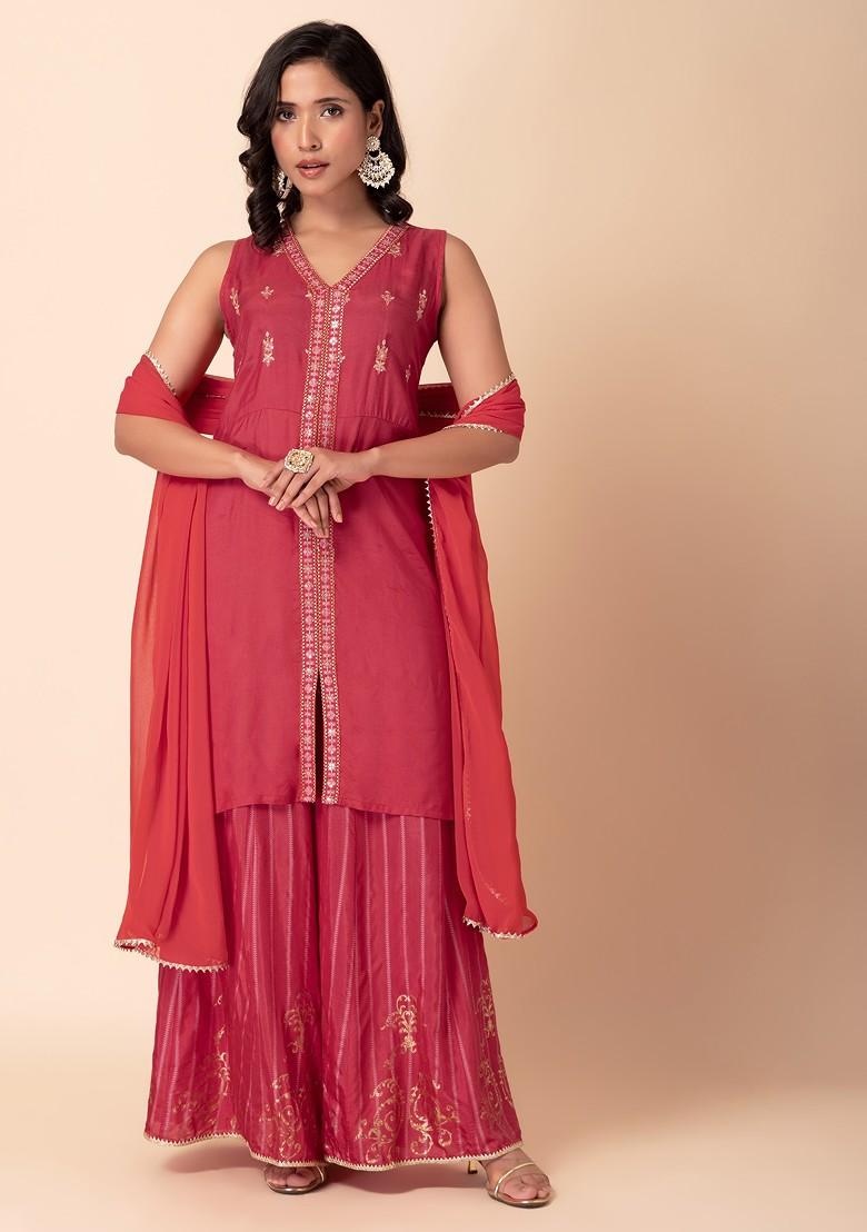 Pink Printed Sharara With Short Kurta And Dupatta (Set of 3)