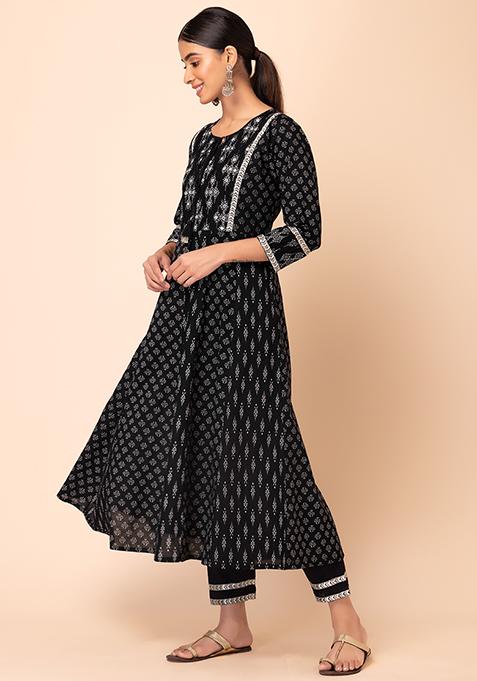 Women'S Black Buti Print Cotton Kurta