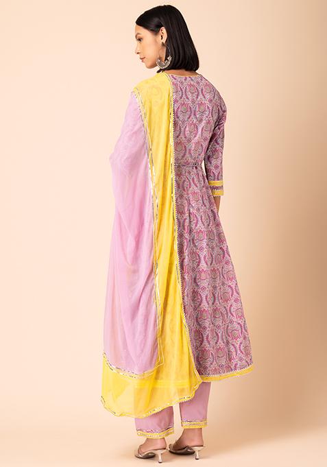 Women Pink & Beige Anarkali Kurta Set With Beige Dupatta