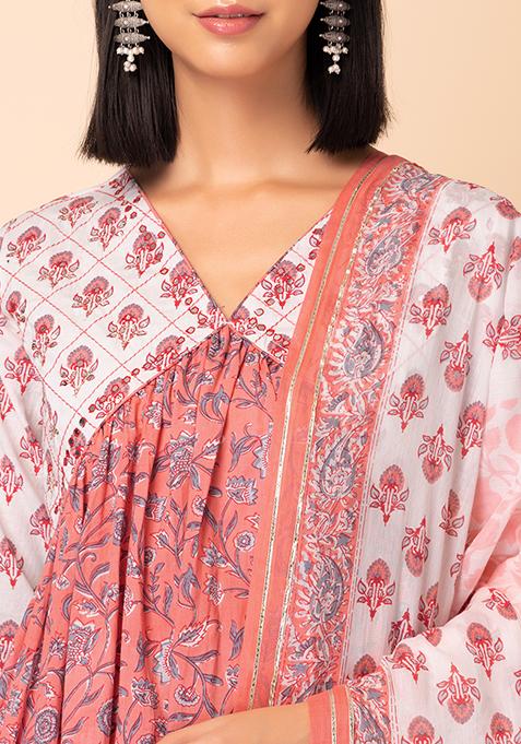 Indibelle Cotton Round Neck Floral Print A-Line Kurta Pant With Dupatta (Peach)
