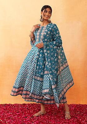 Blue Floral Boota Print Embroidered Rayon Anarkali Kurta And Dupatta (Set of 2)