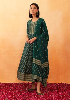 Dark Green Floral Foil Print Rayon Anarkali Kurta And Dupatta (Set of 2)