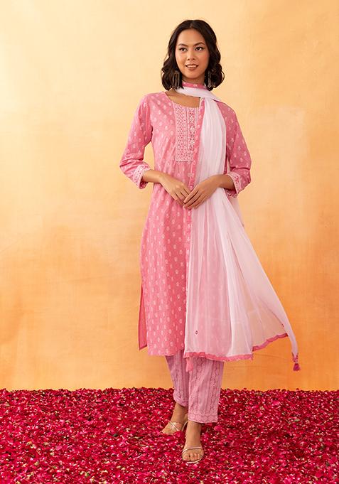 Pink Floral Grid Print Cotton Kurta With Printed Pants And Dupatta (Set of 3)