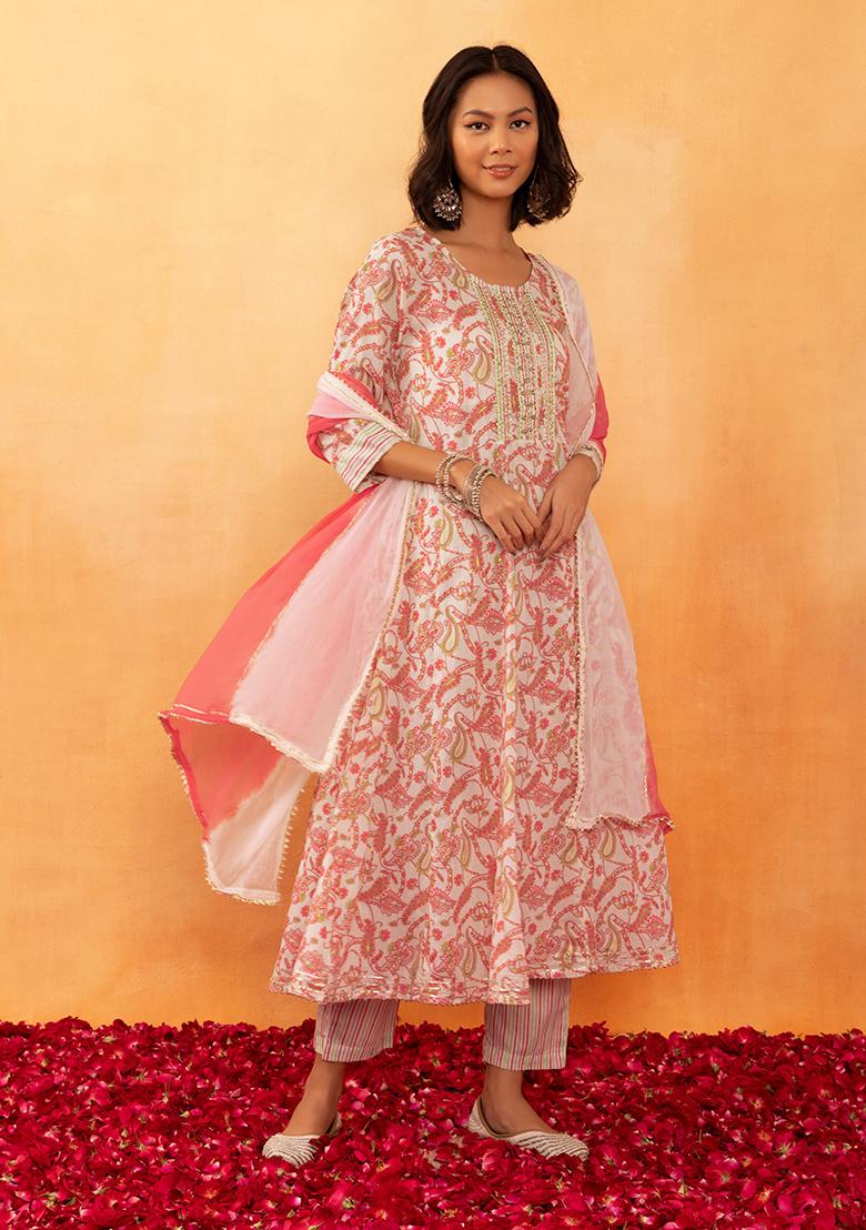 Womens Pink Anarkali suit set with Pants  Dupatta by Pomcha Jaipur 3pcs  set  Anarkali dress pattern Cotton anarkali Pink anarkali suits