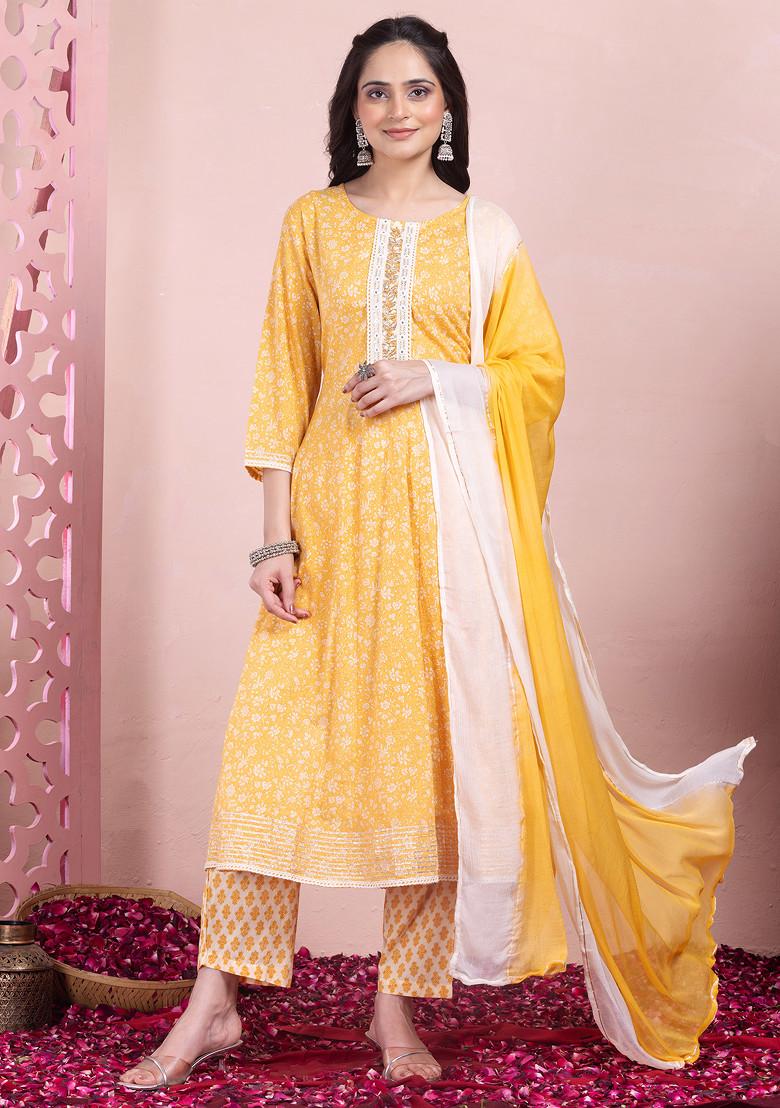 Buy Indya Yellow Bandhani Print Embroidered Cotton Kurta With Pants And  Dupatta (Set of 3) in Yellow 2024 Online | ZALORA Singapore