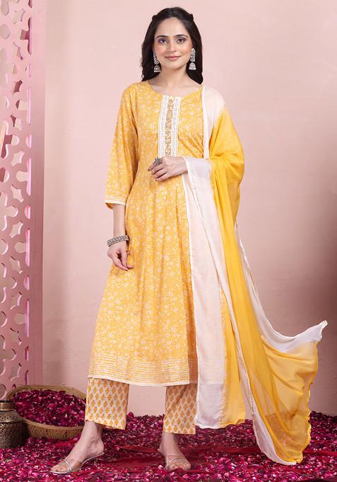 Yellow Floral Jaal Print Embroidered Cotton Kurta With Printed Pants And Dupatta (Set of 3)