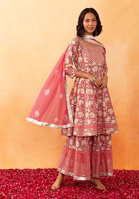 Pink Chevron Print Cotton Sharara With Anarkali Kurta And Dupatta (Set of 3)