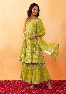 Light Yellow Chevron Print Cotton Sharara With Anarkali Kurta And Dupatta (Set of 3)