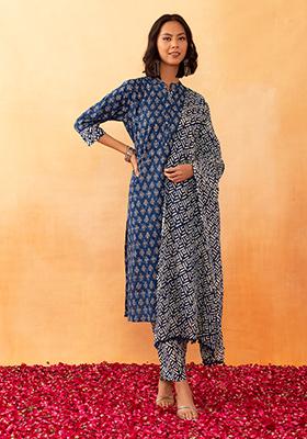 Navy Blue Batik Boota Print Cotton Kurta With Pants And Dupatta (Set of 3)