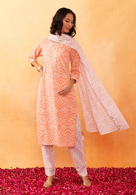 Peach Bandhani Print Cotton Kurta With Pants And Dupatta (Set of 3)
