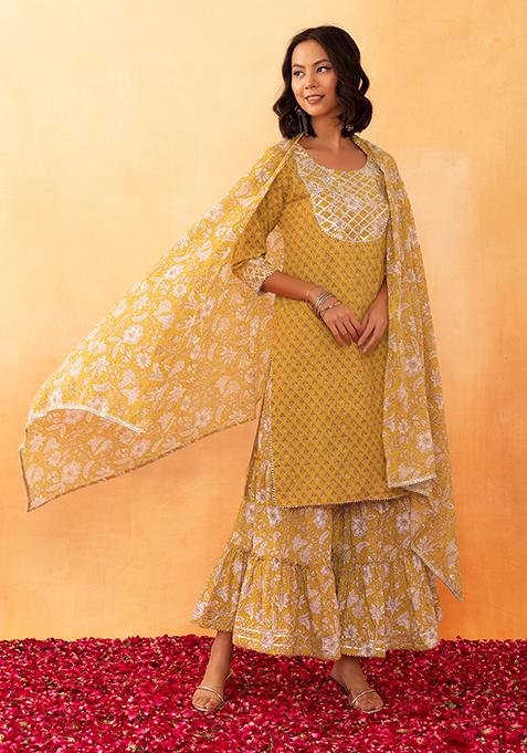 Mustard Floral Jaal Print Cotton Sharara With Short Kurta And Dupatta (Set of 3)