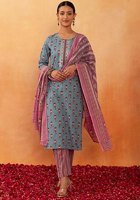 Pastel Blue Boota Print Embroidered Cotton Kurta With Pants And Printed Dupatta (Set of 3)
