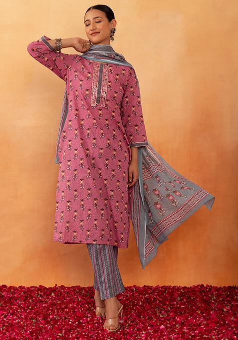 Pink Boota Print Embroidered Cotton Kurta With Pants And Printed Dupatta (Set of 3)