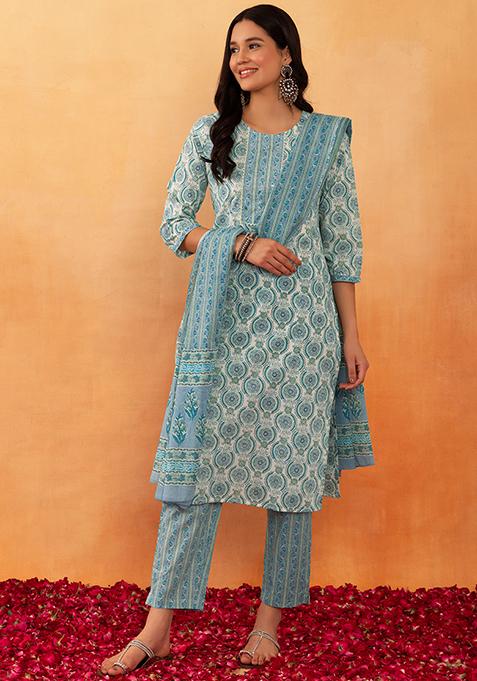 Off White And Blue Block Print Embroidered Cotton Kurta With Pants And Dupatta (Set of 3)