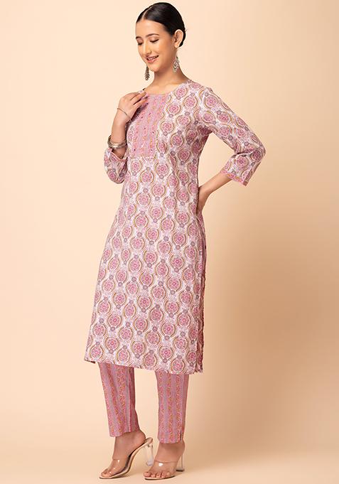 IVORY EMBROIDERED COTTON KURTA WITH PEACH PANTS main image 0