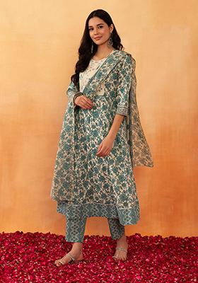 Off White And Green Floral Print Cotton Anarkali Kurta With Pants And Printed Dupatta (Set of 3)
