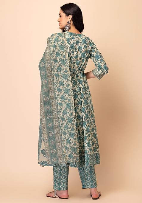 Women Off White Printed 3/4Th Sleeve Cotton Anarkali Kurta