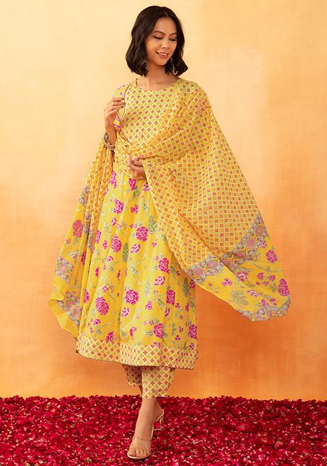 Yellow Floral Jaal Print Rayon Anarkali Kurta With Pants And Printed Dupatta (Set of 3)