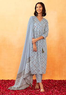 Light Blue Floral Print Cotton Angrakha Kurta With Pants And Dupatta (Set of 3)