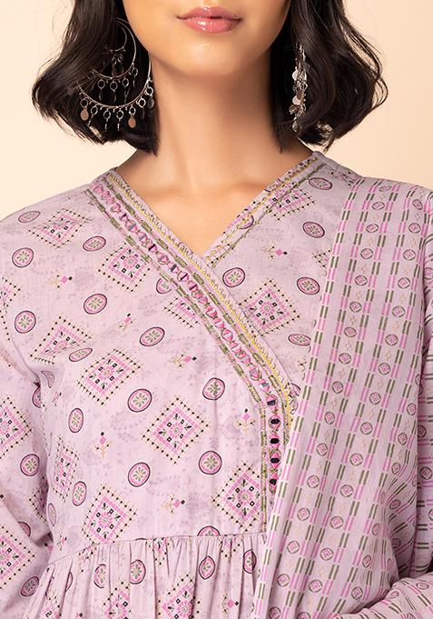 Plus Size Ecru Glitter Printed Angrakha kurta & Pants Set