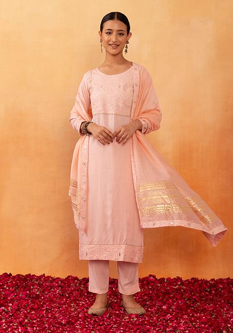 Peach Sequin Embroidered Rayon Kurta With Pants And Dupatta (Set of 3)