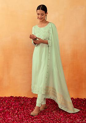 Light Green Sequin Embroidered Rayon Kurta With Pants And Dupatta (Set of 3)
