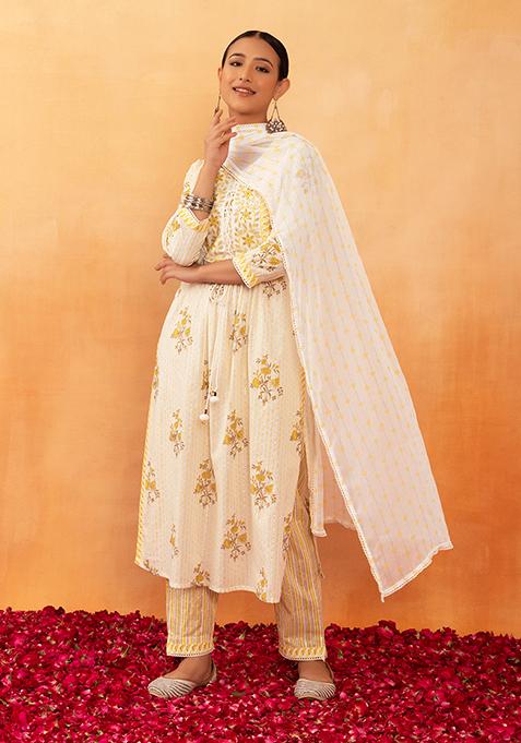 Off White And Yellow Floral Boota Print Cotton Kurta With Pants And Printed Dupatta (Set of 3)