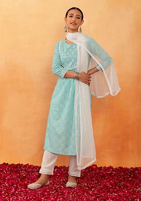 Light Blue Bandhani Print Embroidered Cotton Kurta With Pants And Dupatta (Set of 3)