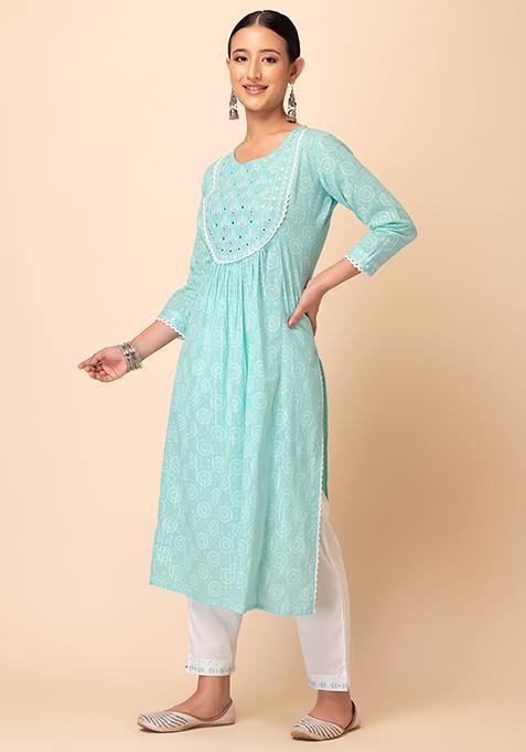 Blue - Tie-dye Cotton Patchwork A-Line Bandhani Kurta 04