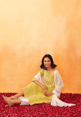 Yellow Bandhani Print Embroidered Cotton Kurta With Pants And Dupatta (Set of 3)