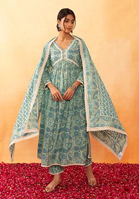 Pastel Green Jaal Print Cotton A-Line Kurta With Printed Pants And Dupatta (Set of 3)