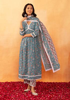 Blue Floral Jaal Print Cotton Kurta With Printed Pants And Dupatta (Set of 3)