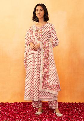Off White And Red Boota Print Cotton Kurta With Printed Pants And Dupatta (Set of 3)