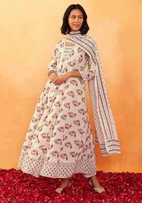 Off White And Orange Floral Print Anarkali Cotton Kurta With Printed Pants And Dupatta (Set of 3)